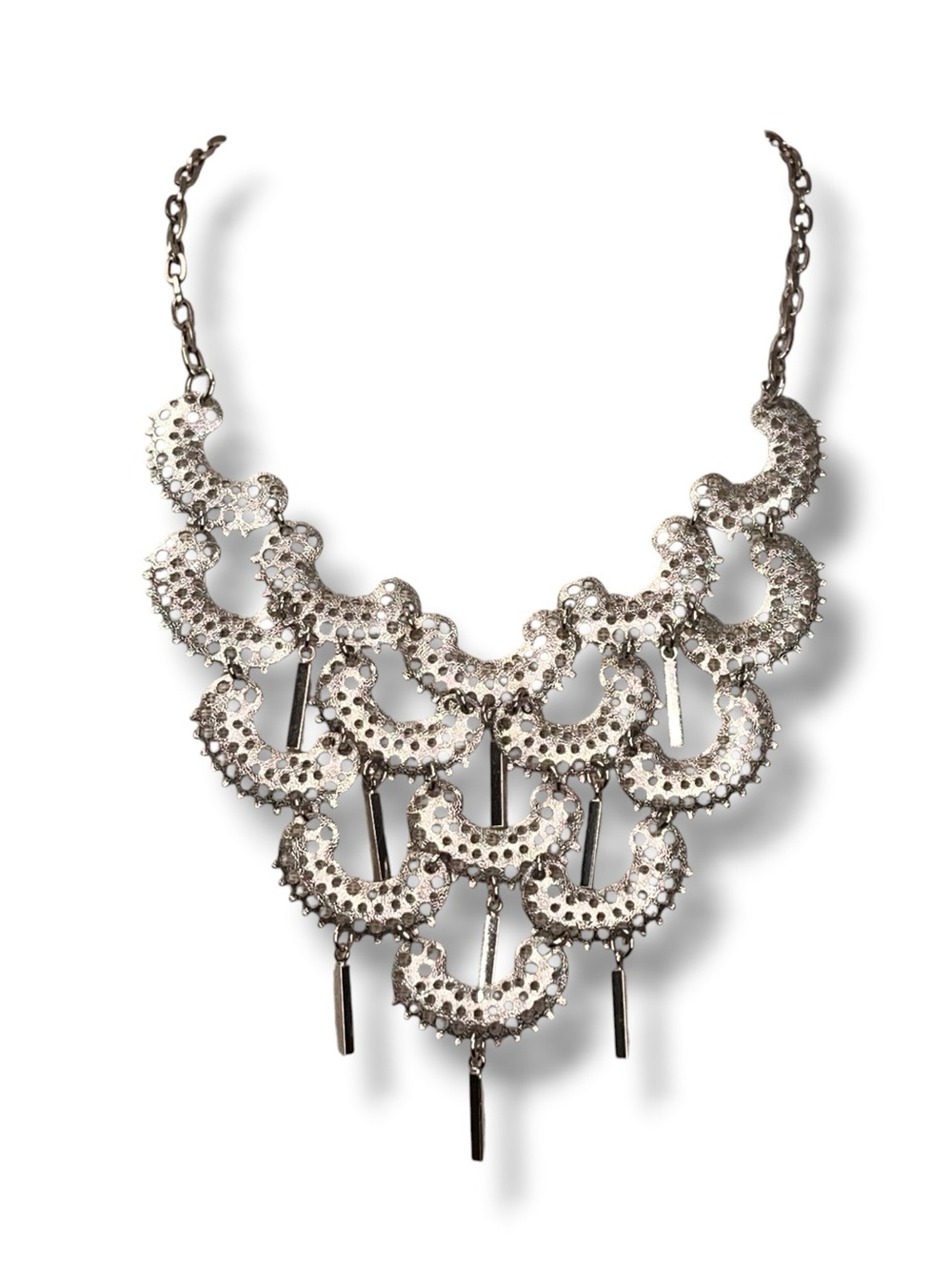 Vintage Silver Tone Layered Necklace Bib Style Chunky Statement